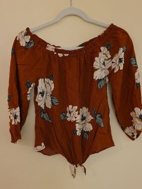 Rust Floral Off-Shoulder Tie-Hem Blouse